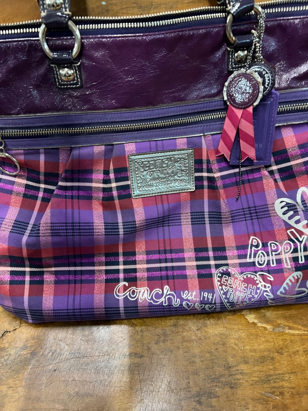 Coach Purple Plaid Poppy Tote with Pink Accents